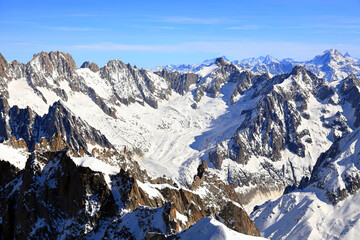 Fototapeta na wymiar View of the Mont Blanc massif seen from the Aiguille du Midi. French Alps, Europe.