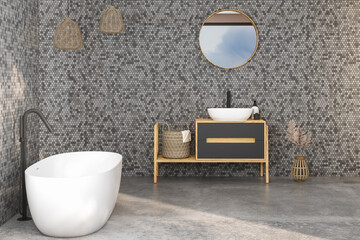 Modern minimalist bathroom interior, modern bathroom cabinet, white sink, wooden vanity, interior plants, bathroom accessories, bathtub and shower, black and tile walls, concrete floor. 3d rendering