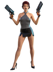 futuristic woman with gun in a dark dress, 3d rendering