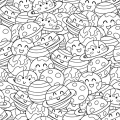Cute planets black and white seamless  pattern. Solar system planets coloring page. Space black and white print for coloring book.  Vector illustration