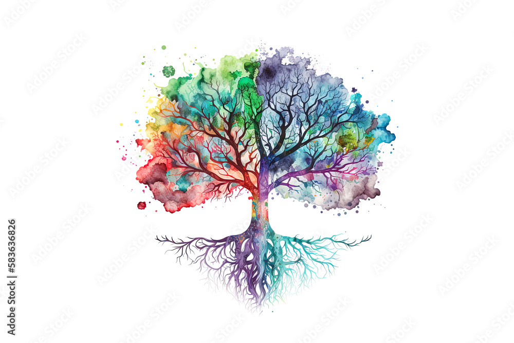 Poster a tree with roots is drawn with watercolors isolated on a white background. Generated by AI