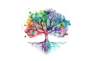 a tree with roots is drawn with watercolors isolated on a white background. Generated by AI