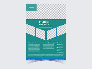 Flyer Design Template. Professional Brochure. Real Estate Poster Vector.Leaflet presentation. Teal Flyer with abstract circle, round shapes background. Modern poster magazine, layout, template. A4.


