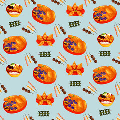 Chinese food seamless pattern. Hand drawn different types of asian food in wooden steamers repeating background. Tasty chinese food, delicious har gao, sticky rice, rolls.