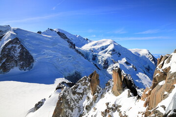 View of Mont Blanc seen from the Aiguille du Midi. French Alps, Europe.
