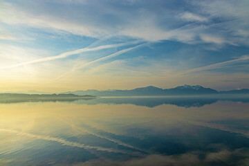 view over Chiemsee lake to the alps