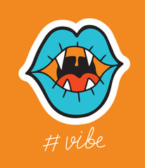 Hand drawn neon vampire lips, sticker or poster, isolated trippy vector illustration