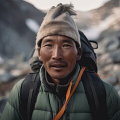 Portrait, adult sherpa man with backpack, trekking outdoors. Ai Generative. - obrazy, fototapety, plakaty