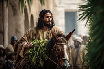 Biblical account of Jesus Christ riding a donkey while many people surrounded him. Triumphal Entry in Jerusalem or Palm Sunday easter and is recorded in the Gospels. Generative ai