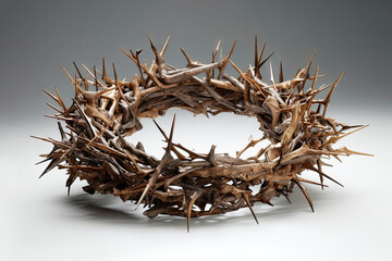 Easter Crown of Thorns on white background with shadow worn by Jesus Christ is a powerful symbol of his suffering and sacrifice. thorny crown was placed on his head. Generative ai