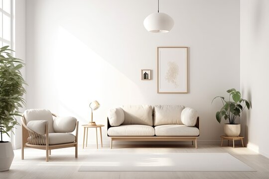 Minimalist living room wall mockup, vacant warm white backdrop. Generative AI