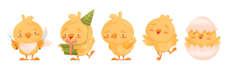 Funny Yellow Chicken Engaged in Different Activity Vector Set