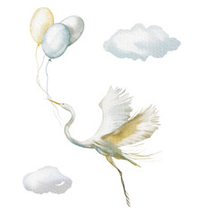 Watercolor illustration - Cute newborn, baby shower, stork, pregnancy, celebration, birthday painting card.