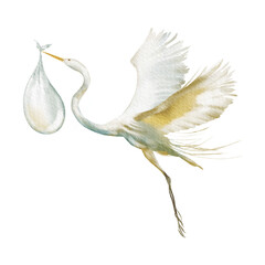 Watercolor illustration - Cute newborn, baby shower, stork, pregnancy, celebration, birthday painting card.