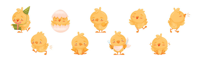 Funny Yellow Chicken Engaged in Different Activity Vector Set