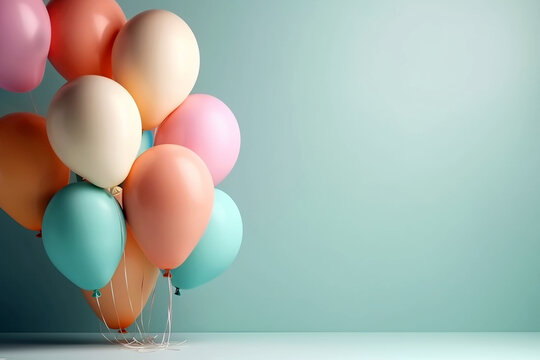 Colorful helium balloons on light pastel background with space for text. Birthday celebration, wedding, baby shower decor. Minimal creative idea for party and celebration, greeting card. AI generated.