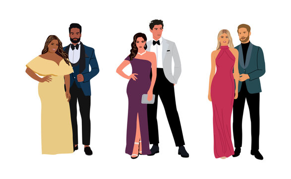 Divers Of Multiracial And Multinational Couples Wearing Evening Formal Or Black Tie Outfits For Celebration, Wedding, Party. Happy Men And Women In Gorgeous Luxury Clothes Vector Illustration Isolated