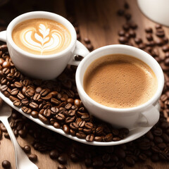 Coffee and coffee beans on the table.