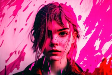 Portrait of a beautiful punk  woman with pink background. Fictional person created with Generative AI