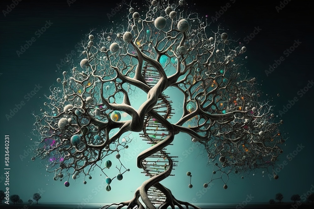 Aufkleber tree with a trunk in the shape of a dna helix. Generated by AI