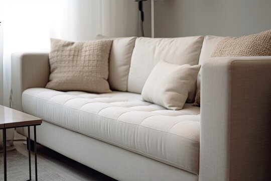 Light beige living room couch. Home relaxation. Closeup. Beige modern Scandinavian couch. Generative AI