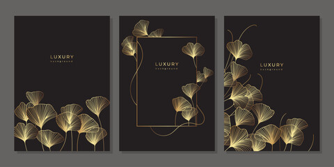 Set of luxury templates with golden linear ginkgo biloba leaves on black background. Japanese style line art with branches. Botanical vector illustration. Floral pattern - obrazy, fototapety, plakaty
