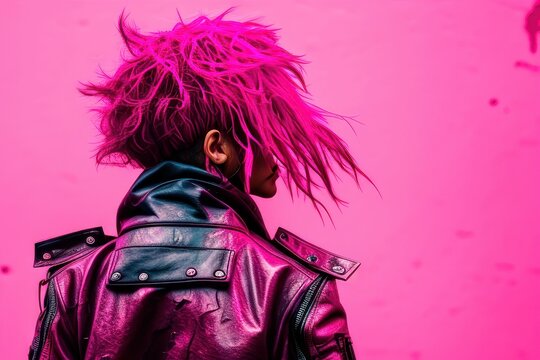 Portrait of a beautiful punk woman with pink background. Fictional person created with Generative AI