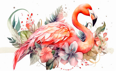Obraz premium Watercolor pink flamingo with tropical leaves and flowers.Generative AI technology.