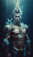 Fototapeta na wymiar Neptune, sea king and prince of the seas, merman, hero from mythical stories. Created using generative AI.