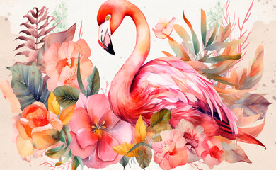Watercolor pink flamingo with tropical leaves and flowers.Generative AI technology.
