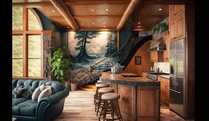 Best interior design of a lodge having beautiful view Ai Generated