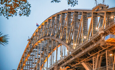 Upward night view of Sydney Harbour Bridge, Australia