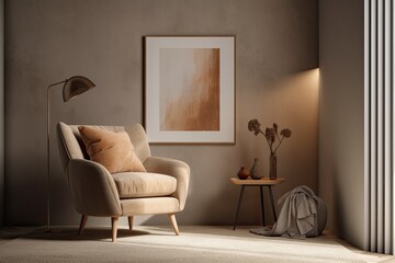 Warm toned cream room wall mockup with armchair and little adornment. Generative AI