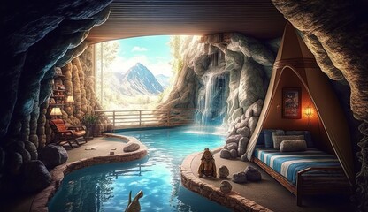 Best interior design of a lodge having beautiful view Ai Generated
