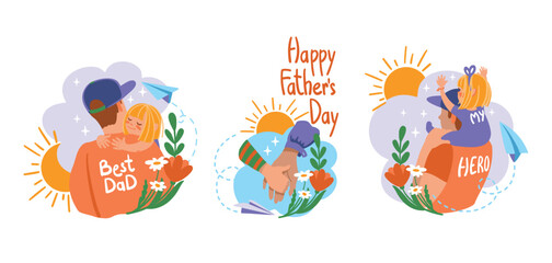 Happy father holding a child in his arms. Happy Fathers day. Set of illustration. Vector