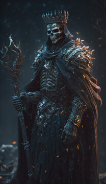 the lich king, the dark bone lord from the mythical books. Created using generative AI.