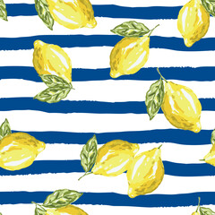 Yellow lemon fruits with green leaves on the striped blue and white background. Vector illustration. Seamless pattern. Summer design. Italian vacation
