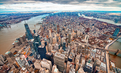 Downtown Manhattan aerial skyline from helicopter in winter season, New York City - USA