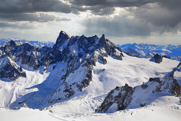 View of the Mont Blanc massif seen from the Aiguille du Midi. French Alps, Europe. - obrazy, fototapety, plakaty