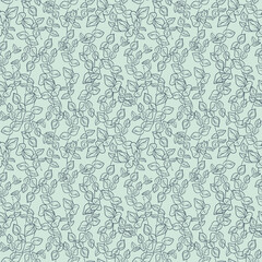Hand drawn seamless pattern of eucalyptus branches and leaves. Herbal tropical collection on a blue background. Decorative outline summer illustration for greeting card, wallpaper, wrapping paper