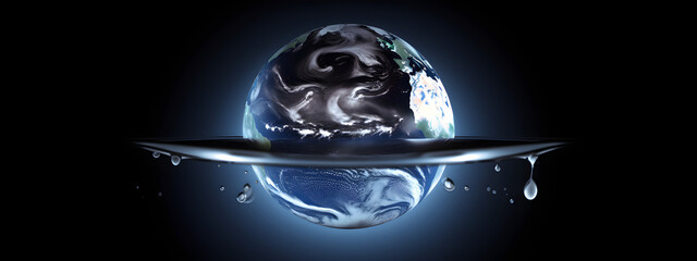 Planet Earth floats over the ocean on the water in the water... Sea transportation, Global warming, Ecology problem travel concept banner space for text Generative AI