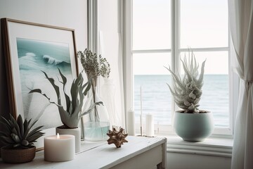 Ocean view picture frame over house dcor and green potted plant. Seashell vase on minimalist white table in hygge apartment. Generative AI