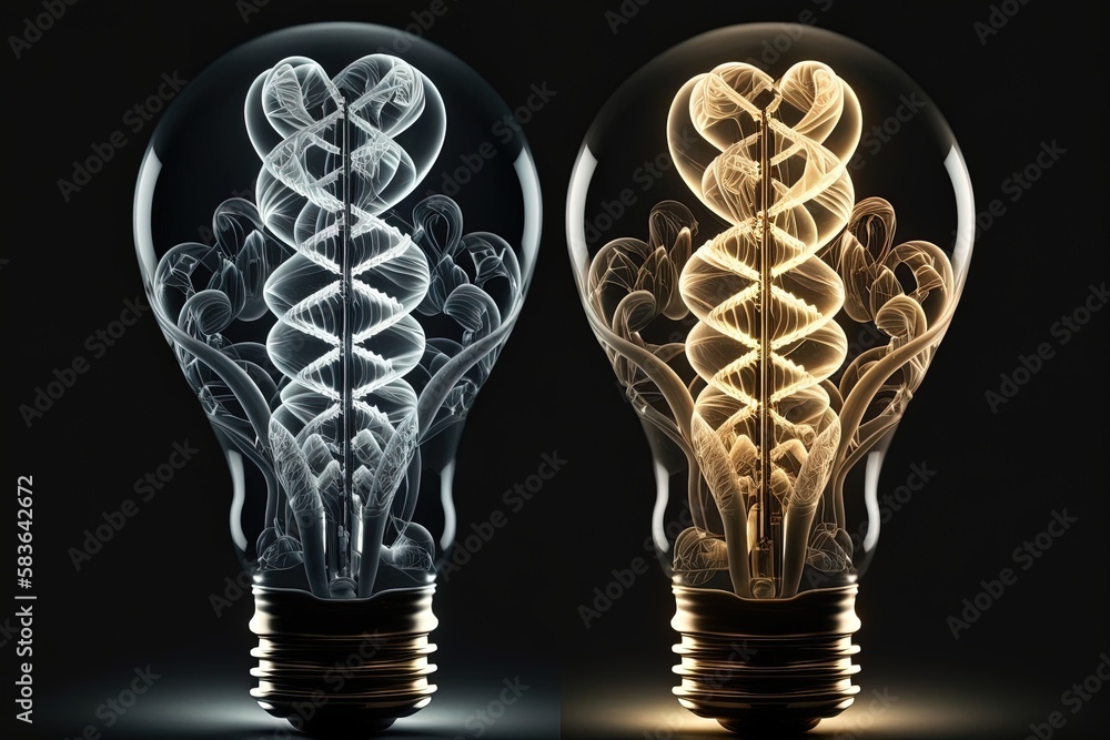 Poster light bulb with dna helix on black background