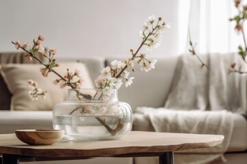 Fototapeta na wymiar Wooden table, desk, or shelf close up with branches of cherry blossoms in glass vase over boho living room with couch, rustic interior design idea,. Generative AI