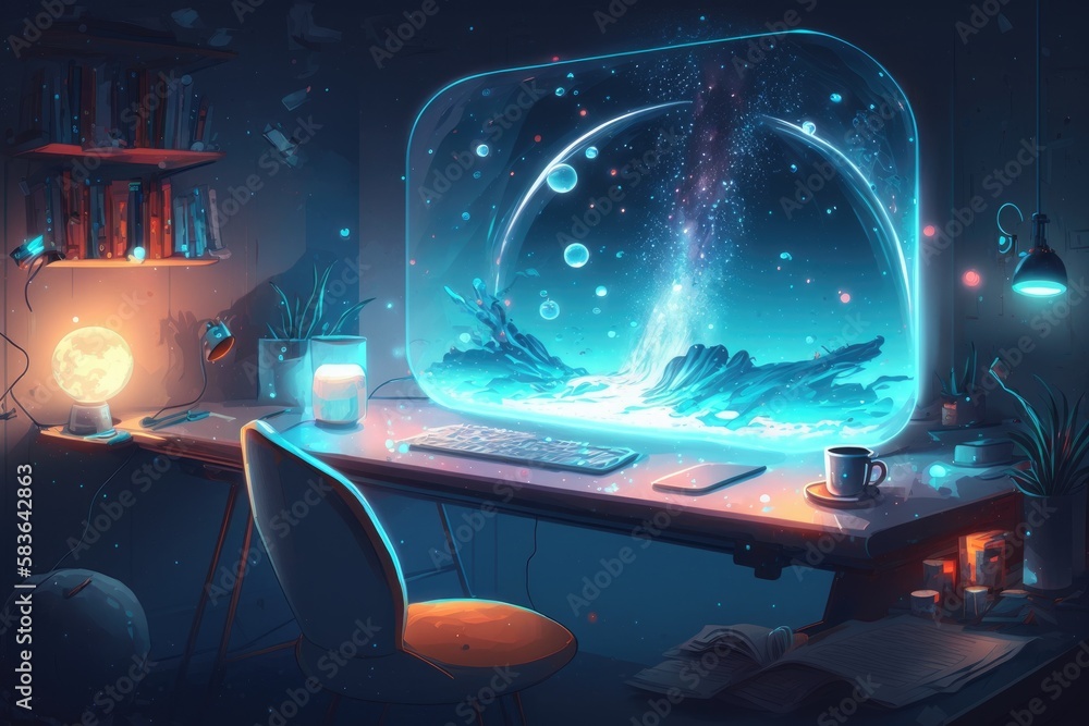 Poster computer monitor with abstract hologram