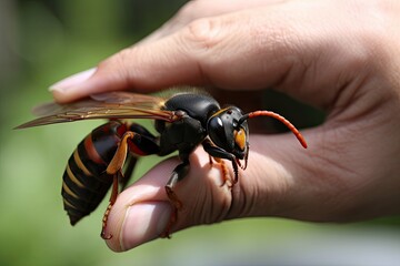 Asian Giant Hornet or Murder Hornet on a Person's Hand