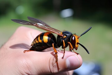 Asian Giant Hornet or Murder Hornet on a Person's Hand