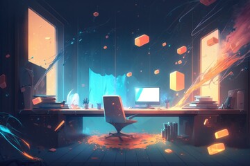 Futuristic office interior with monitors and glowing neon lights