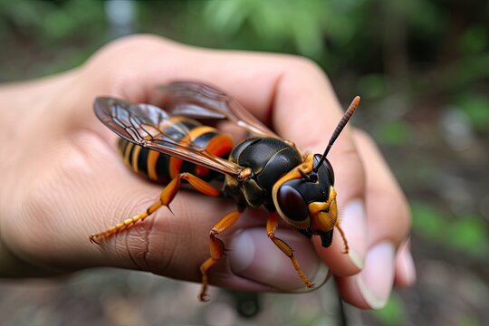 Asian Giant Hornet or Murder Hornet on a Person's Hand