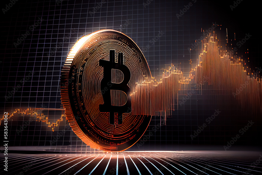 Poster business background with bitcoin icon and 3d finacial data diagrams. generative ai, generative, ai